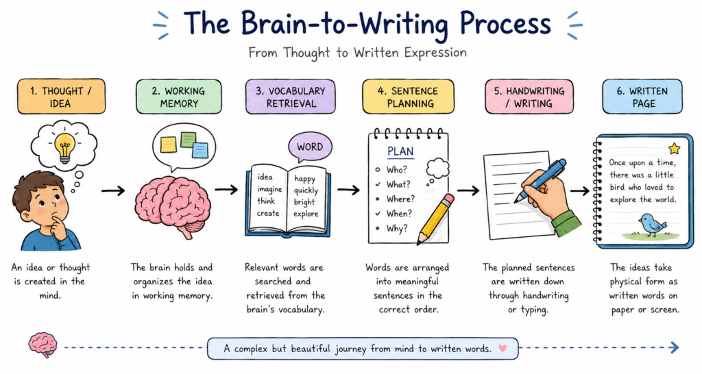 Brain-to-Writing Process Diagram : Illustration showing how ideas move from thought → working memory → vocabulary → sentence planning → handwriting → written page.
