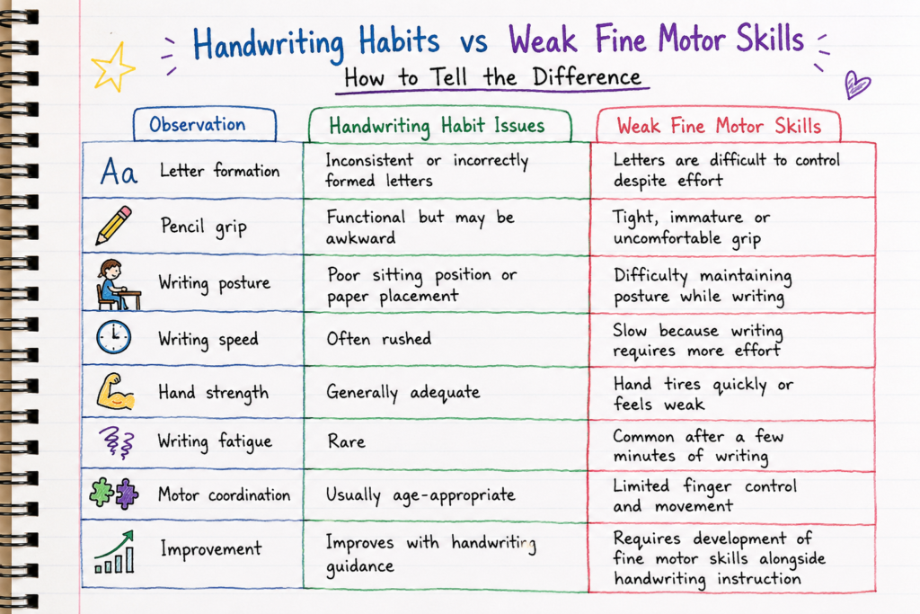 Comparison chart showing the differences between handwriting habit issues and weak fine motor skills, including letter formation, pencil grip, writing posture, writing speed, hand strength, writing fatigue and motor coordination. 
