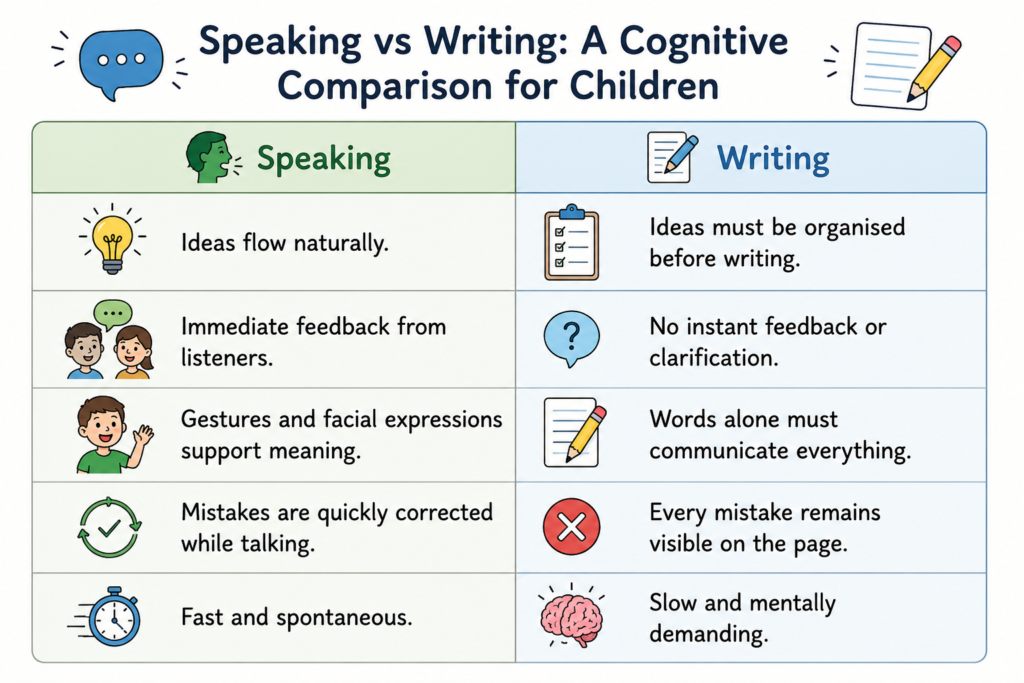 Speaking vs Writing Comparison Table : Comparison of cognitive processes involved in speaking and writing for children.