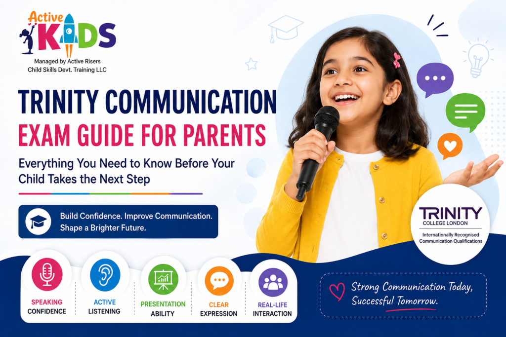 Trinity communication exam guide for parents featuring a child building speaking confidence through Trinity College London communication programme