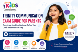 Trinity communication exam guide for parents featuring a child building speaking confidence through Trinity College London communication programme