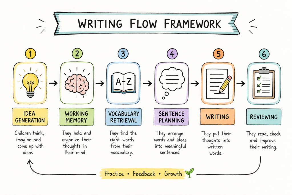 Simple framework showing the steps children follow from idea generation to written expression (Idea → Working Memory → Vocabulary Retrieval → Sentence Planning → Writing → Reviewing).
