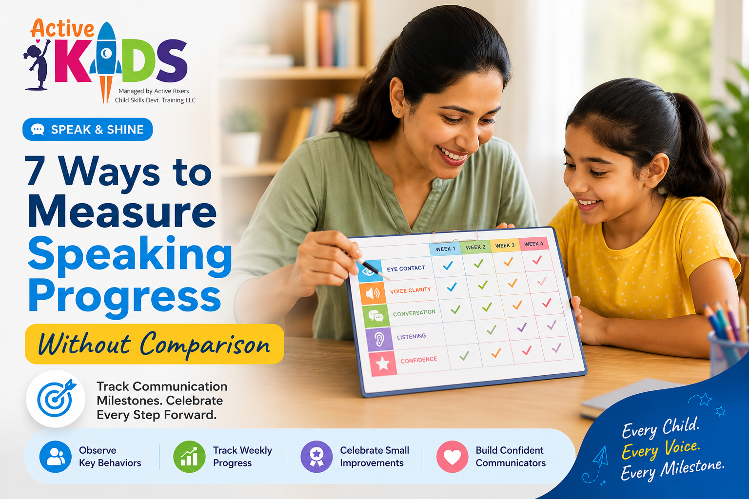 Parent helping a child measure speaking progress using a weekly communication tracker at home