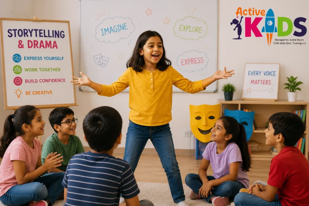 Children practising storytelling and drama to develop communication and confidence.