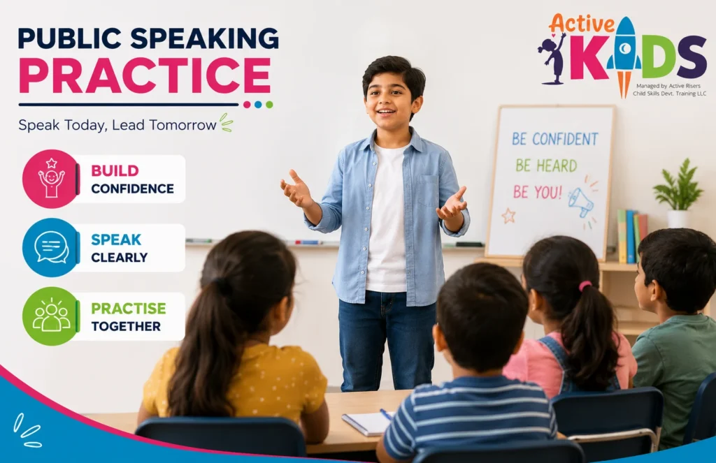 Child practising public speaking in a supportive classroom environment.