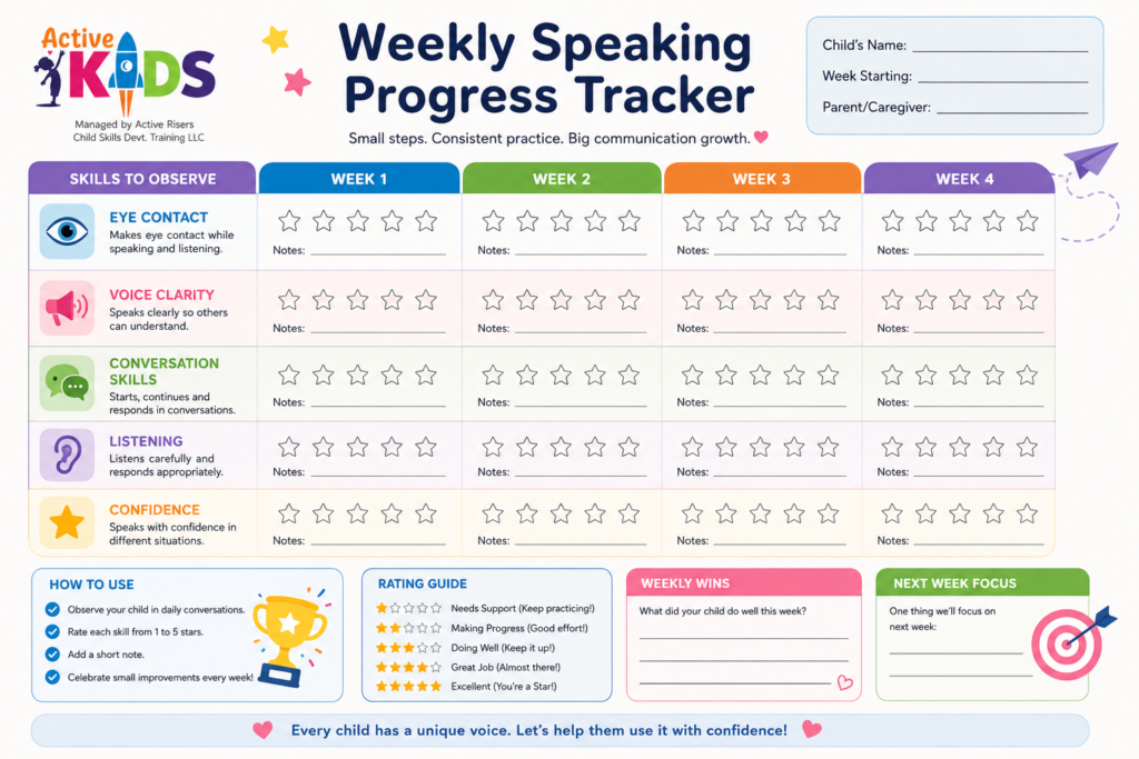 Printable weekly speaking progress tracker for parents to measure speaking progress through communication milestones and weekly observations
