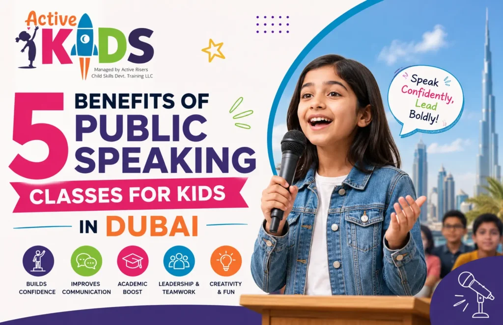 A young student building confidence during public speaking classes kids Dubai schools host.