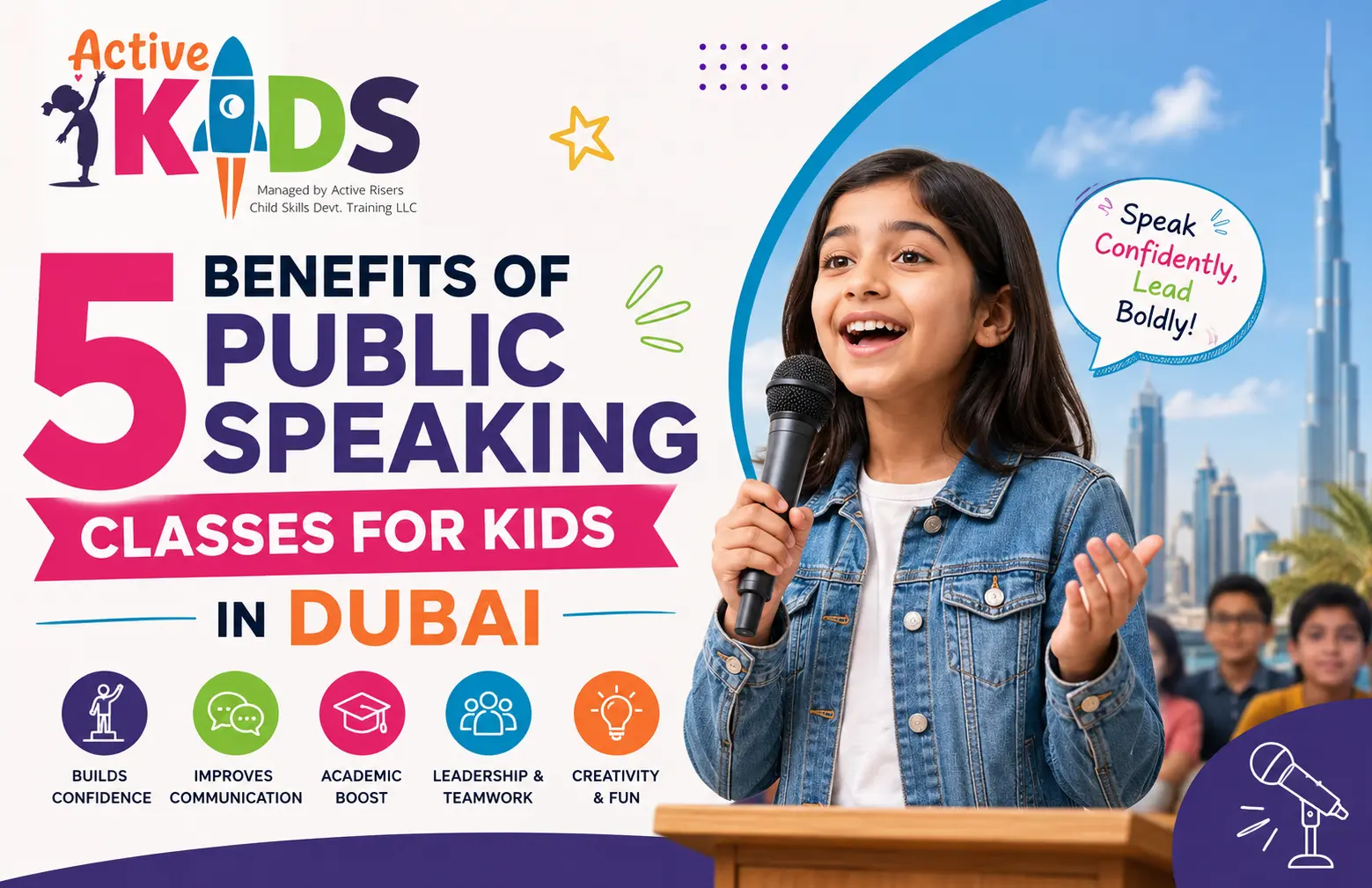 A young student building confidence during public speaking classes kids Dubai schools host.