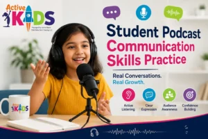 Young child recording a podcast to practise communication skills, active listening, clear expression and audience awareness