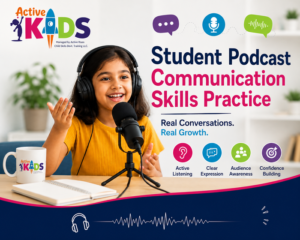 Young child recording a podcast to practise communication skills, active listening, clear expression and audience awareness