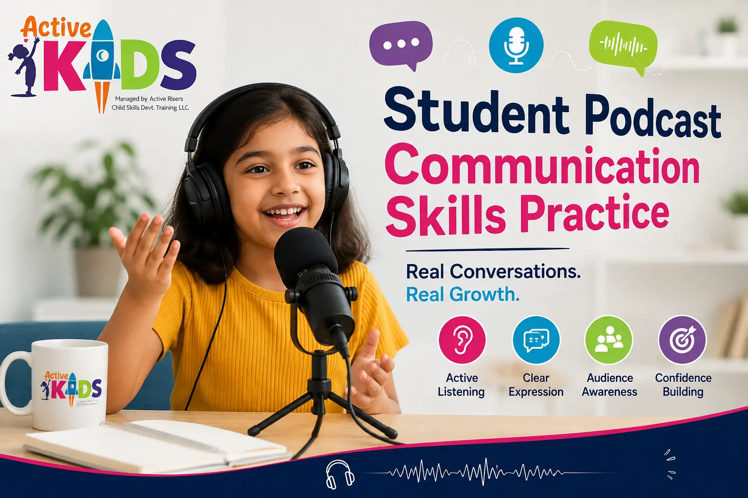 Young child recording a podcast to practise communication skills, active listening, clear expression and audience awareness
