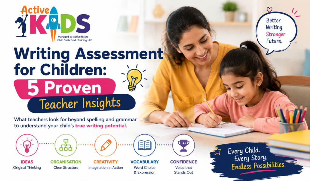 Child writing in a notebook while illustrating how teachers assess children's writing through ideas, organisation, creativity, vocabulary, and writing confidence.