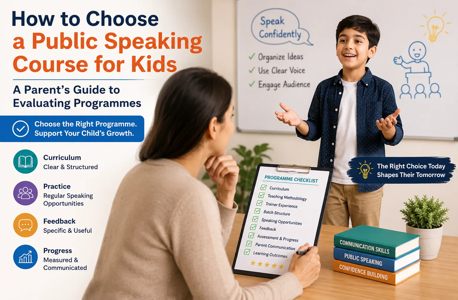 Parent evaluating how to choose a public speaking course for kids using a programme checklist