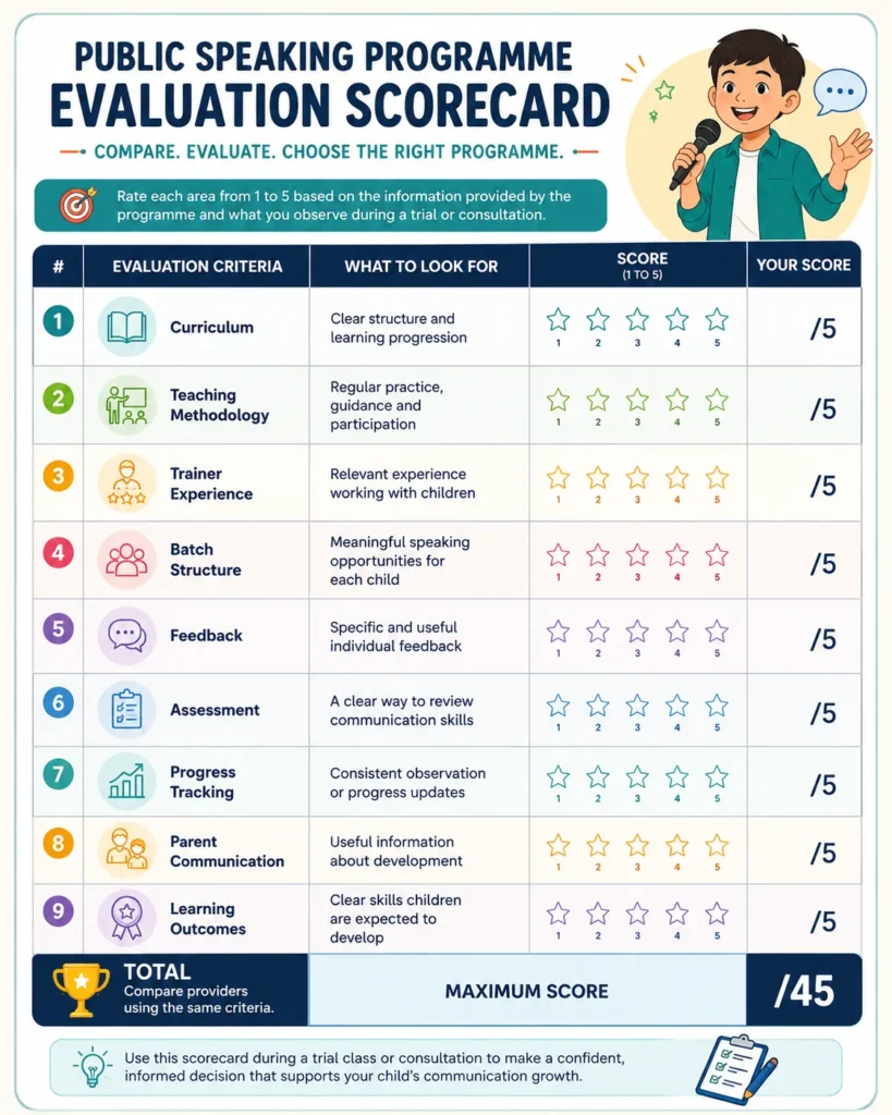 Public speaking programme evaluation scorecard for parents comparing children's communication programmes