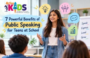 Public speaking for teens at school with a student presenting confidently to classmates