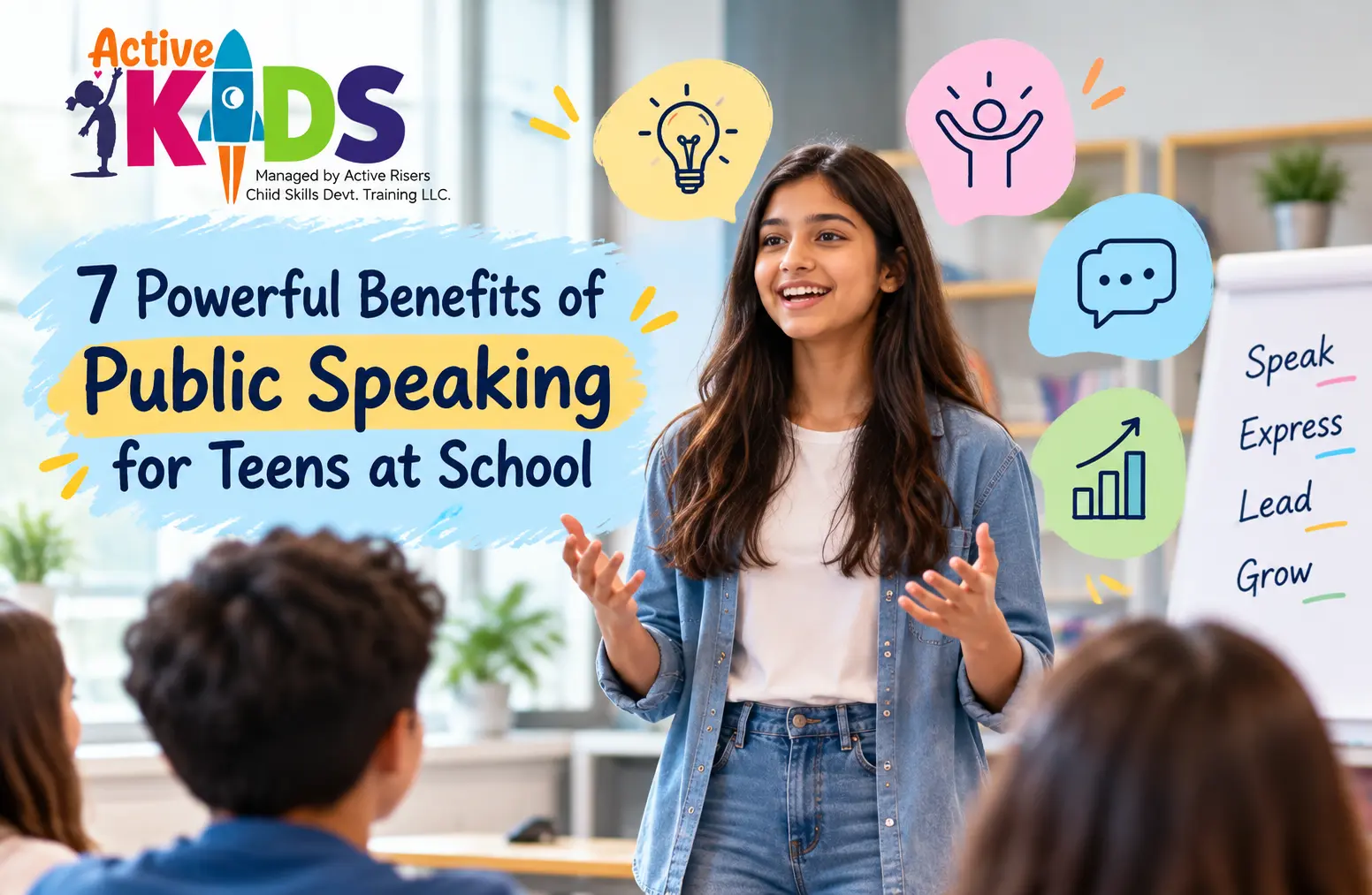 Public speaking for teens at school with a student presenting confidently to classmates