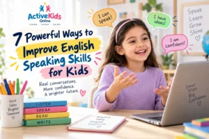 Child practising English speaking skills with a laptop and educational activities
