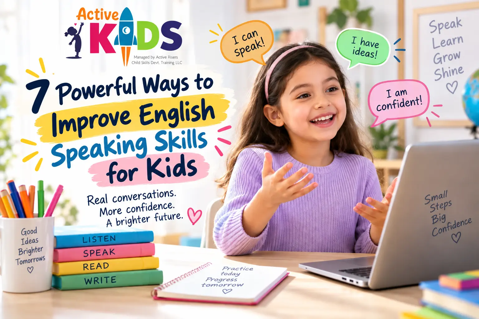 Child practising English speaking skills with a laptop and educational activities