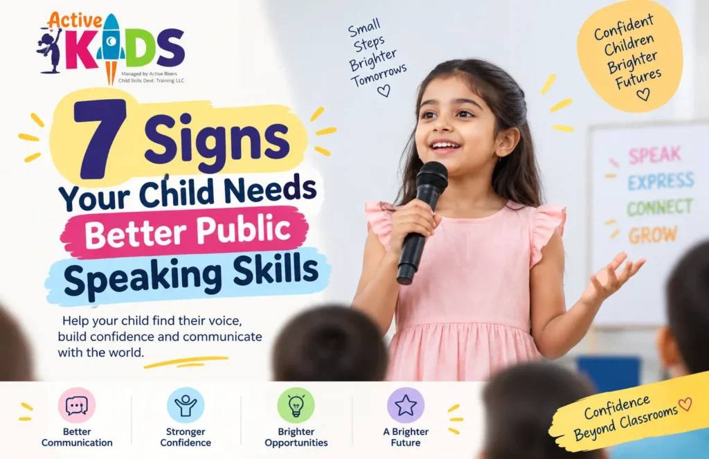 Active Kids featured an image showing a confident child speaking into a microphone, highlighting 7 signs a child may need better public speaking skills.