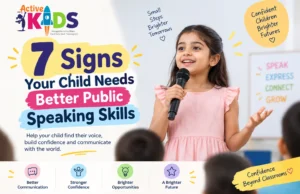 Active Kids featured an image showing a confident child speaking into a microphone, highlighting 7 signs a child may need better public speaking skills.