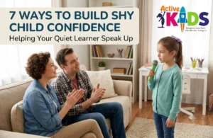 Parents applauding their young daughter as she practices speaking into a microphone at home to build shy child confidence.