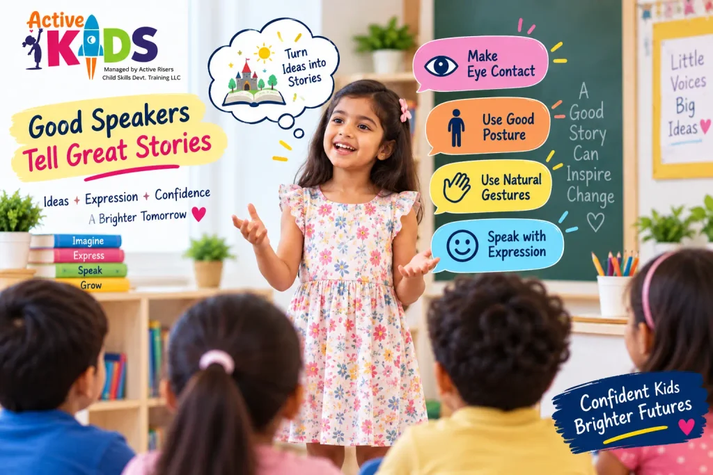 Child using natural body language while telling a story to classmates