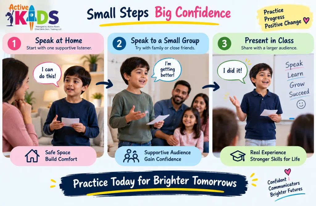 Child overcoming presentation anxiety through gradual speaking practice