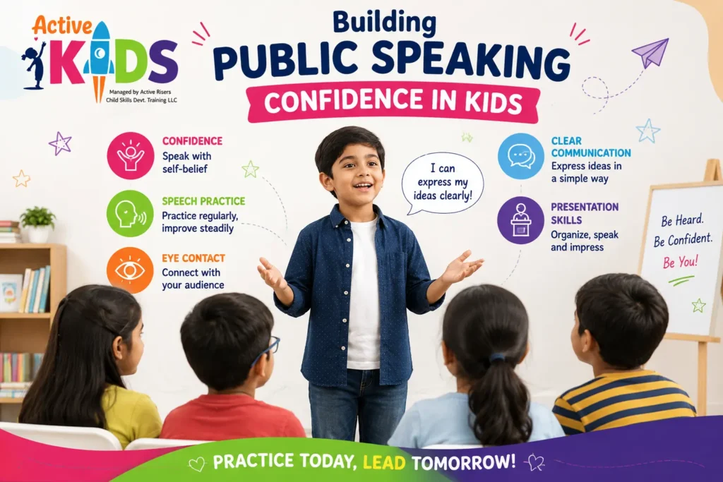 Child building public speaking confidence through speech practice