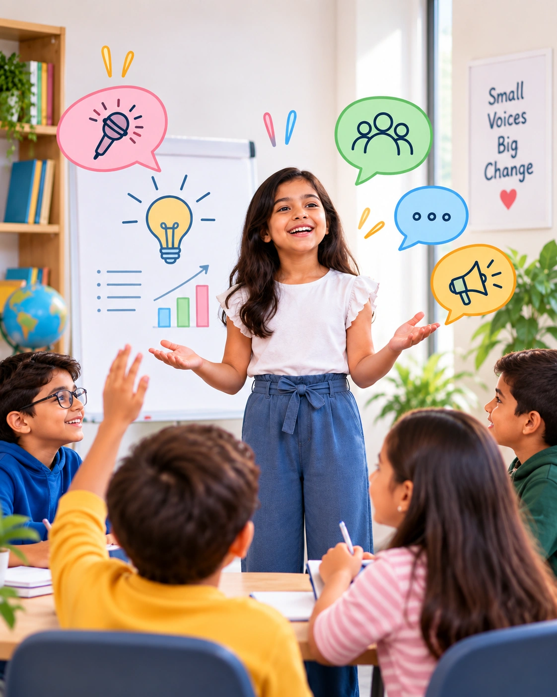 Child presenting confidently to classmates during a public speaking activity