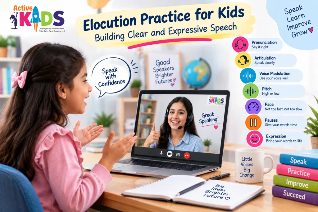 Child practising pronunciation, articulation and voice modulation during an elocution lessons
