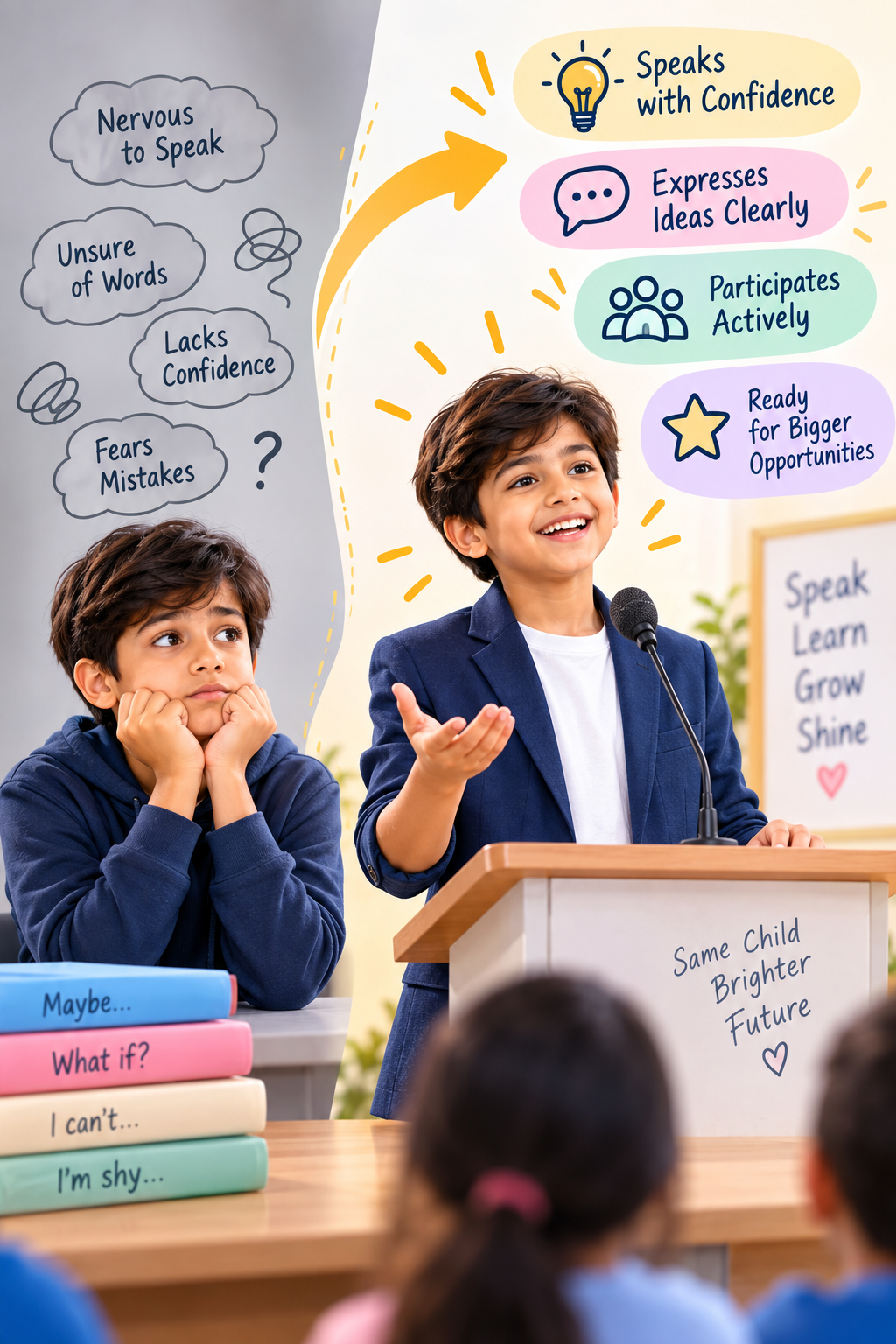 Child progressing from hesitation to confident public speaking and expressing ideas clearly