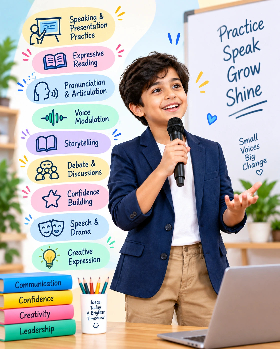 Child practising speaking and presentation skills through an interactive learning programme