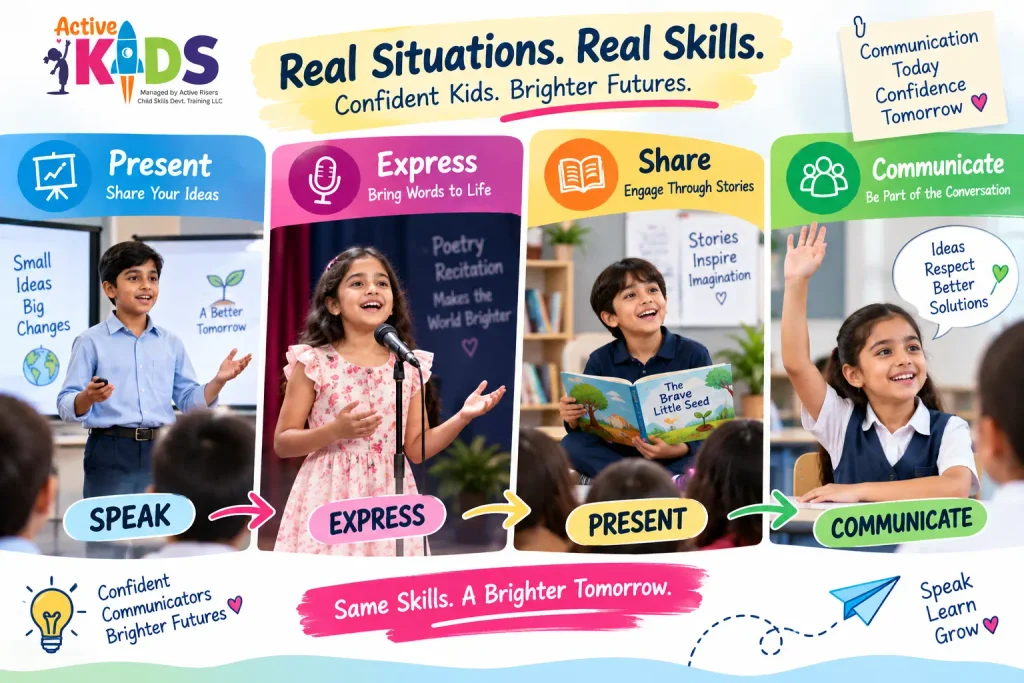 Children using elocution skills during school presentations, storytelling and public speaking