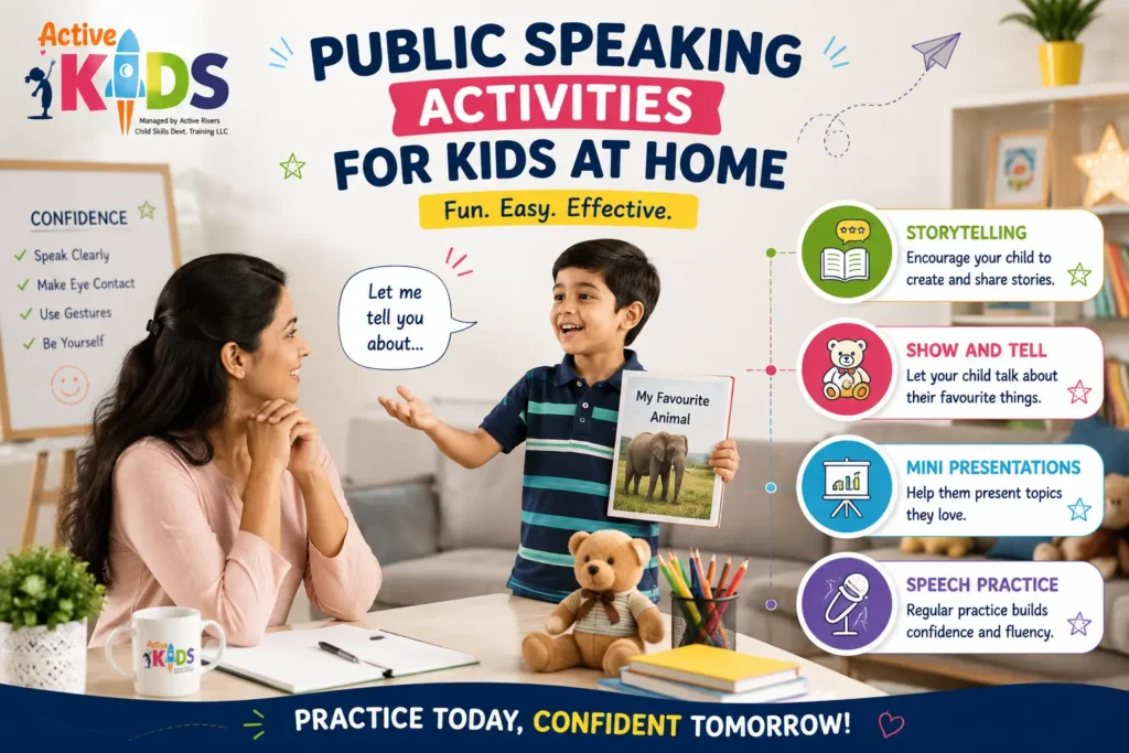 Parent helping child practise public speaking activities at home