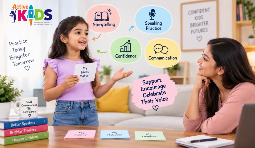 Parent helping a child practise speaking at home to build confidence and communication skills.