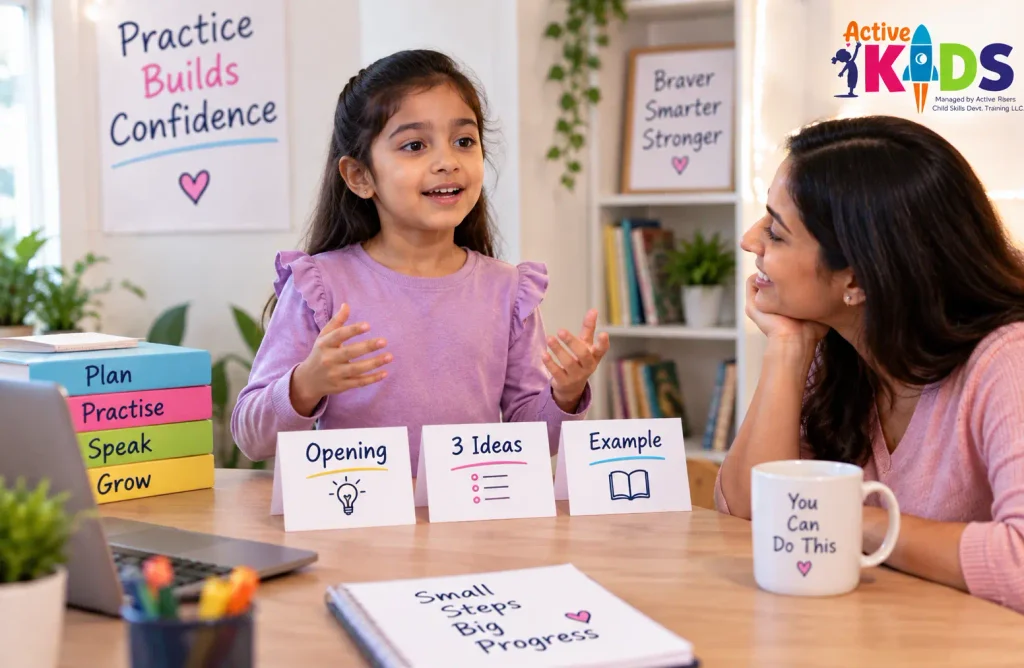 Child managing presentation anxiety with keyword cue cards during speaking practice