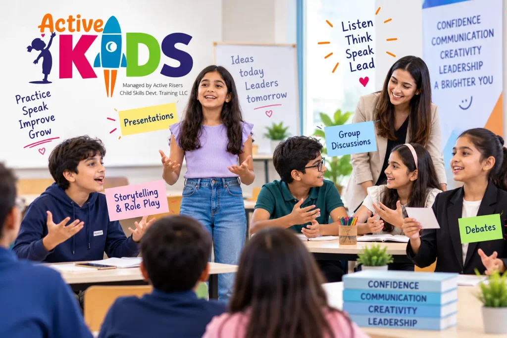 Public Speaking Course for Kids Aged 9–14 with children practising speeches, discussions and presentations