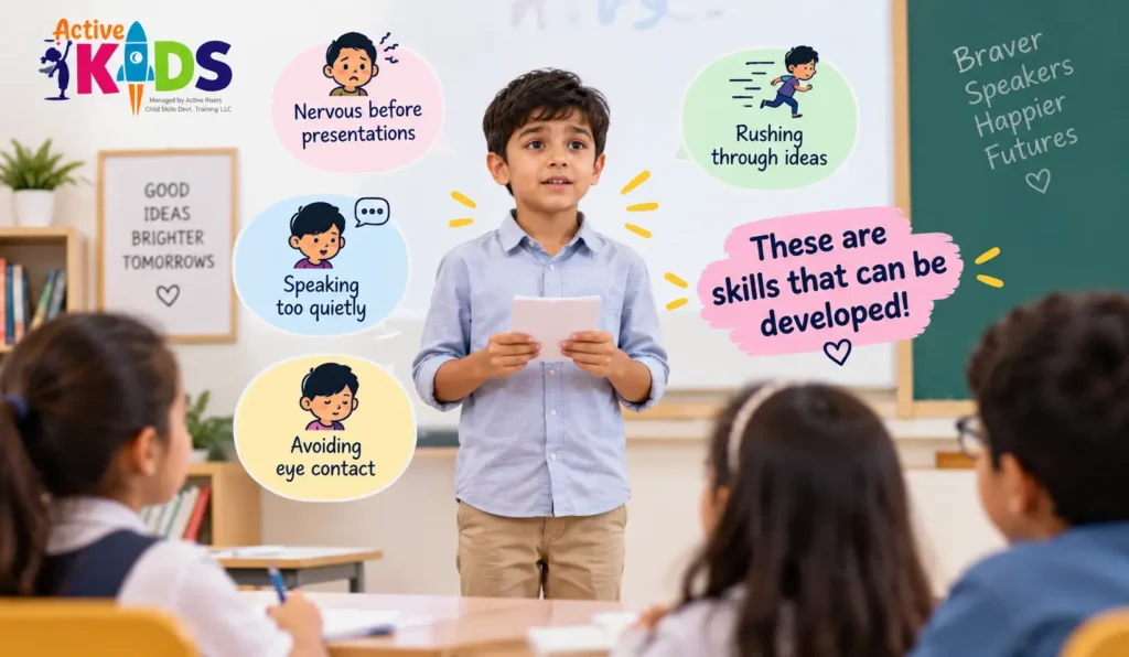 Child speaking in front of classmates while developing confidence and public speaking skills.