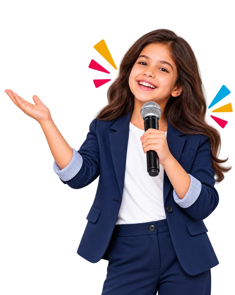 Confident child speaking into a microphone during a public speaking activity