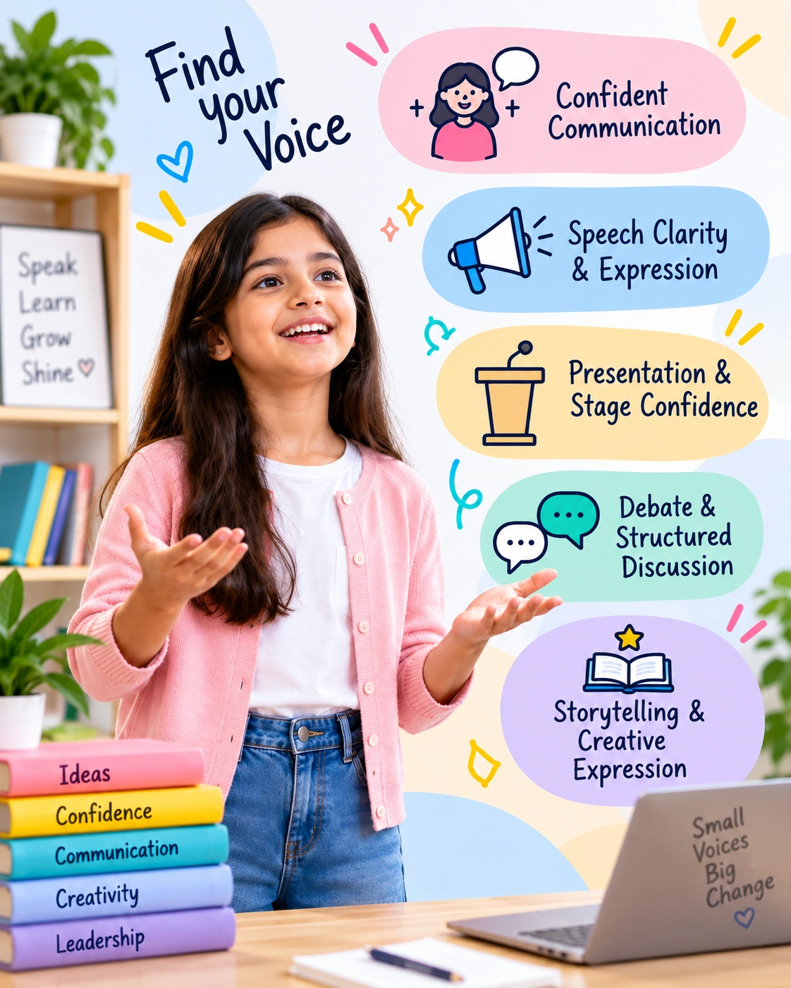 Child developing communication, speech clarity, presentation, debate and storytelling skills