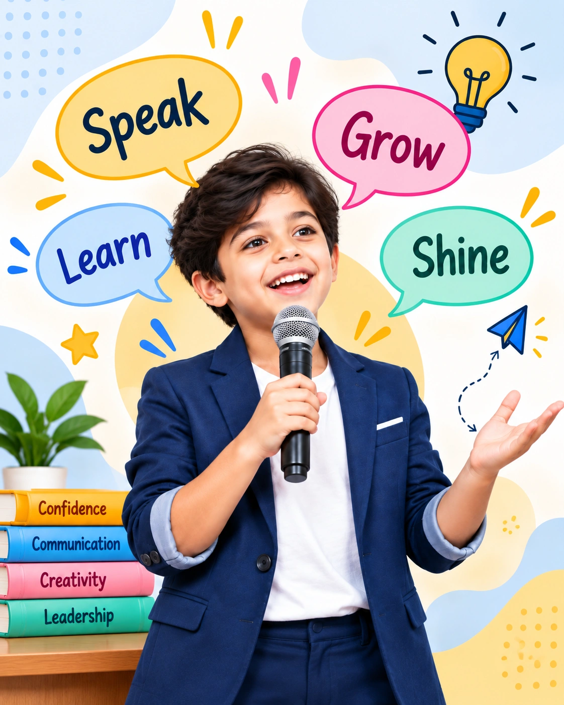 Child practising public speaking skills while learning to organise thoughts and express ideas clearly