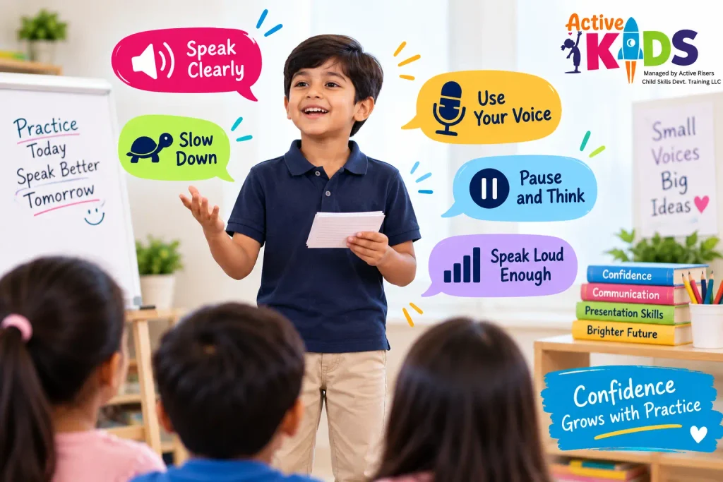 Child practising speaking clearly and confidently with voice control