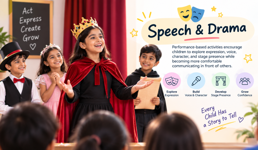 Children practising expression, voice, character and stage presence in a speech and drama activity