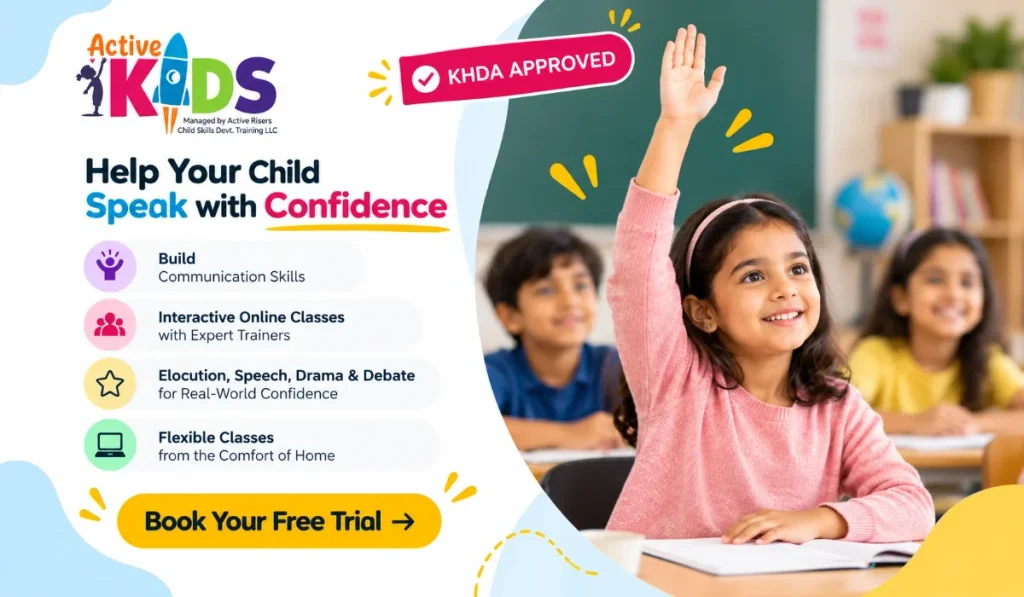 Active Kids Online public speaking classes with KHDA-approved programmes, interactive lessons and confidence-building activities for children