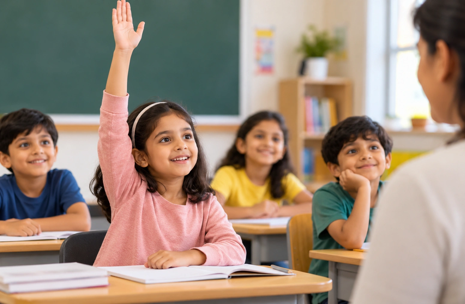 Child confidently raising her hand to answer a question in class