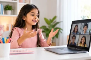 Child participating in an online public speaking class from home