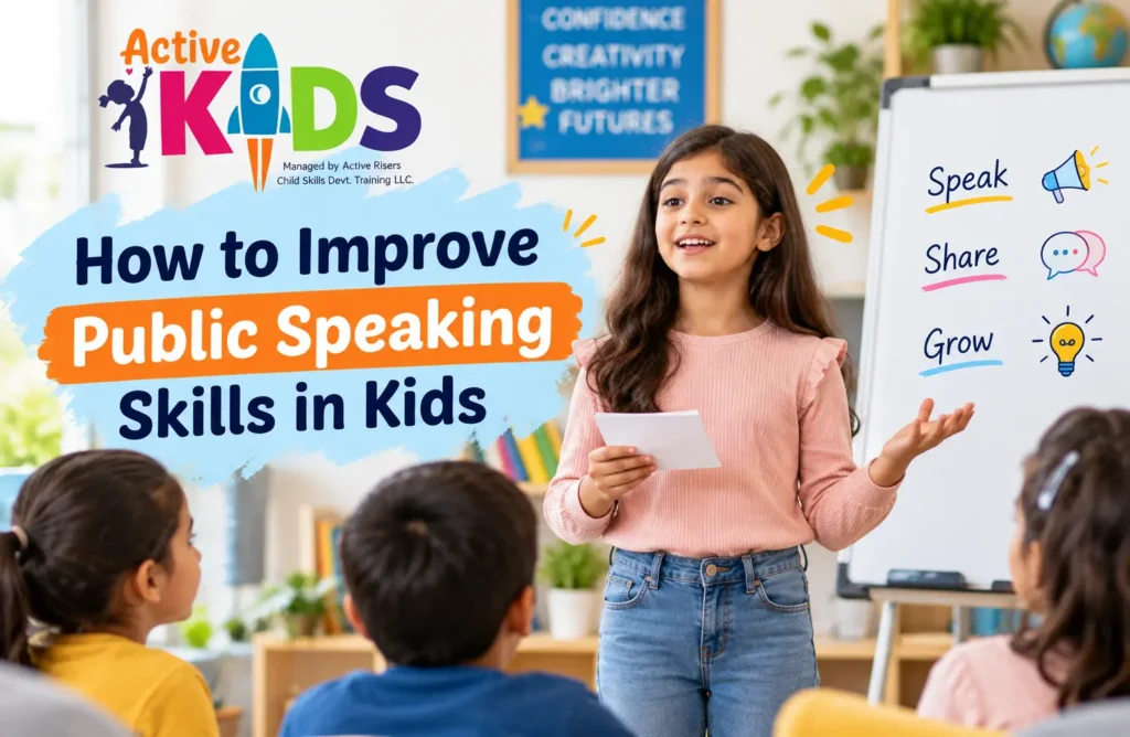 Child practising public speaking skills while presenting to a small group