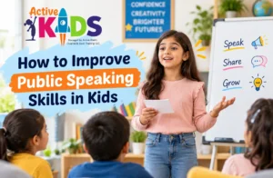 Child practising public speaking skills while presenting to a small group
