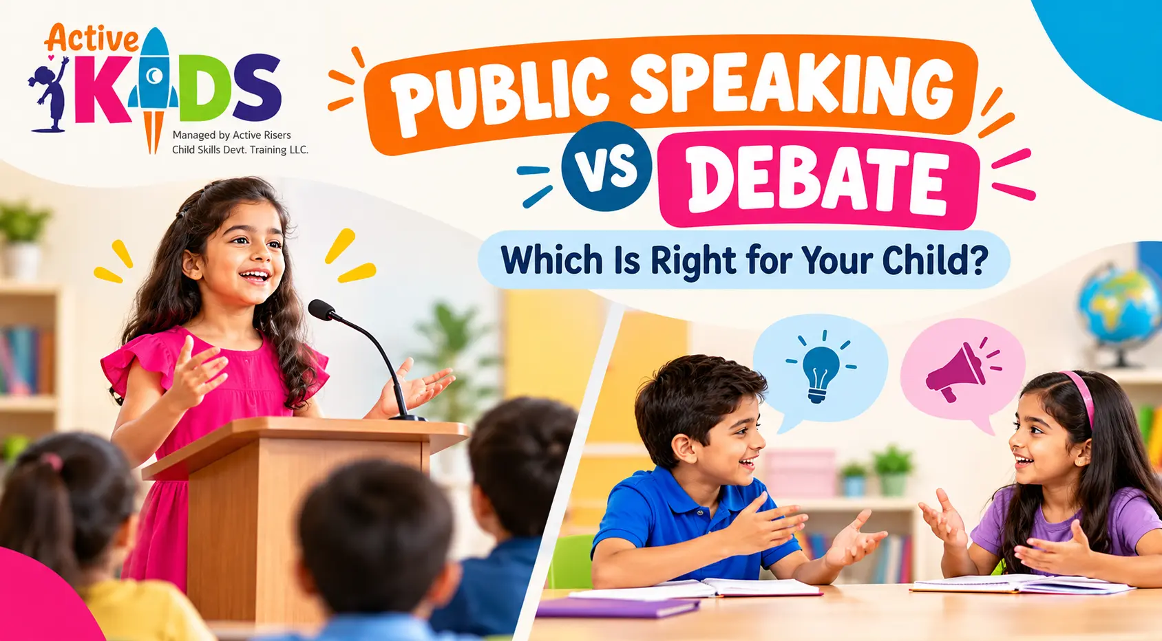 Public speaking vs debate classes for kids, showing a child speaking at a podium and two children discussing ideas in a classroom.