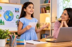 A young girl practising a school presentation at home while her mother listens and encourages her.
